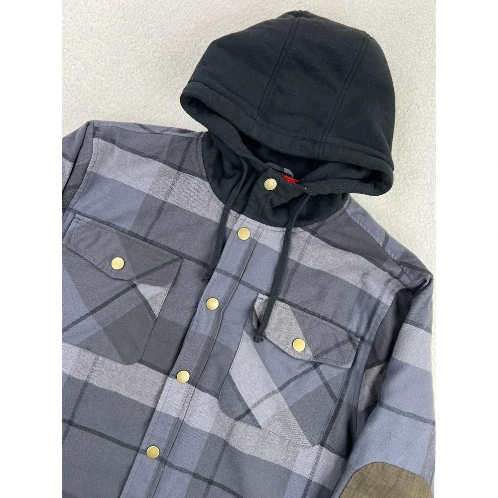 Troll Co Jacket Mens Large Gray Plaid Hooded Sherpa Lined Flannel Workwear